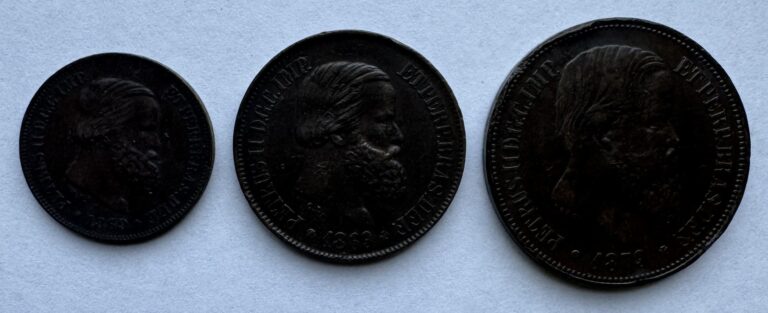 Read more about the article 3 PIECE LOT BRAZIL COINS 1869 10 REIS 1869 20 REIS and 1879 40 REIS NICE QUALITY