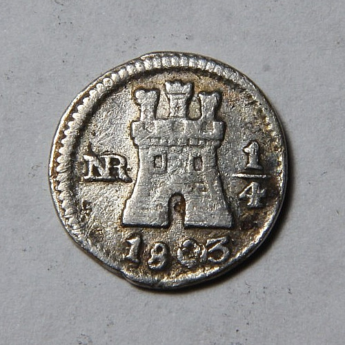 Read more about the article 1803 Colombia 1/4 Real Cuartillo Nice VF Condition -5018-