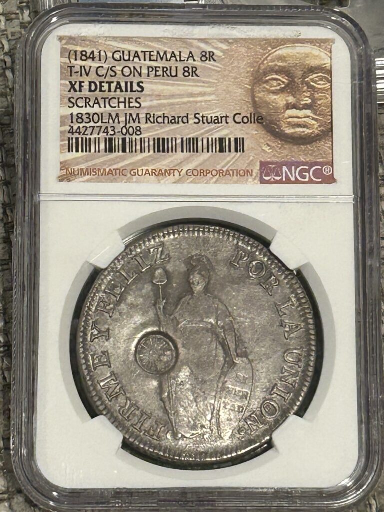 Read more about the article Guatemala 1841 8 Reales C/S Peru 1830 Richard Stuart Rare