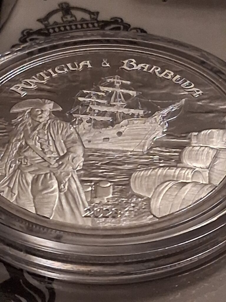 Read more about the article Antigua and Barbuda 2023 Silver Coin with Pirate and Ship Design. Scottsdale mint.