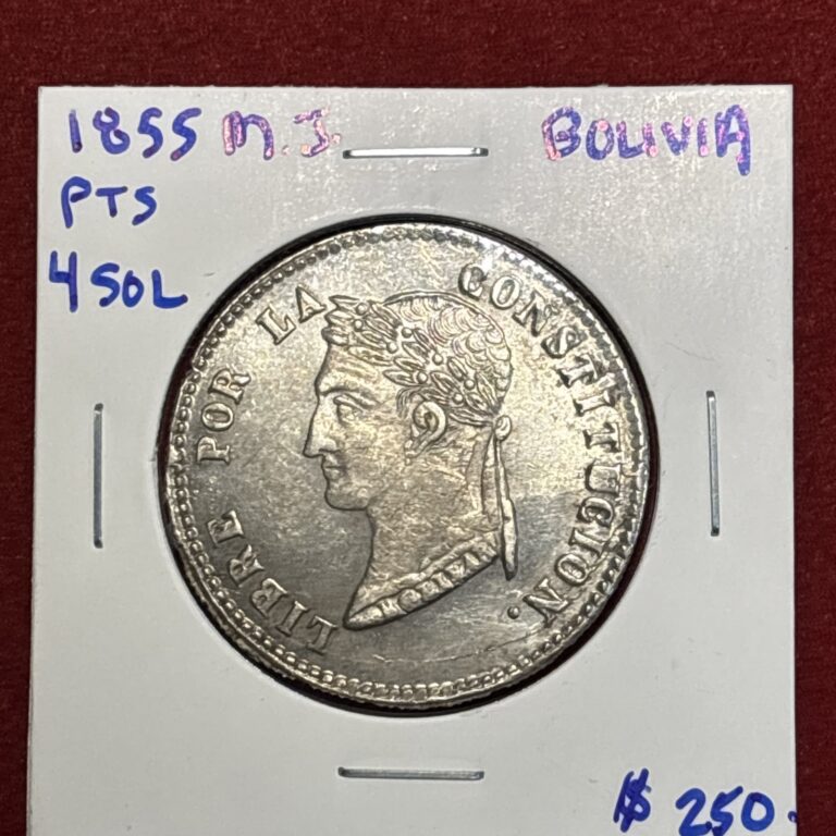 Read more about the article 1855 PTS MJ BOLIVIA Large SIMON BOLIVAR  4 Sol Silver Coin Nice High Grade