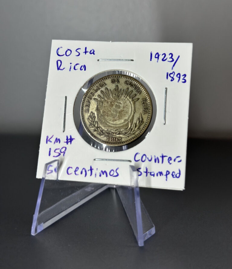 Read more about the article 1923/1893 Costa Rica 50 Centimos Silver Coin Counter-Stamped on 1893 25 Centavos