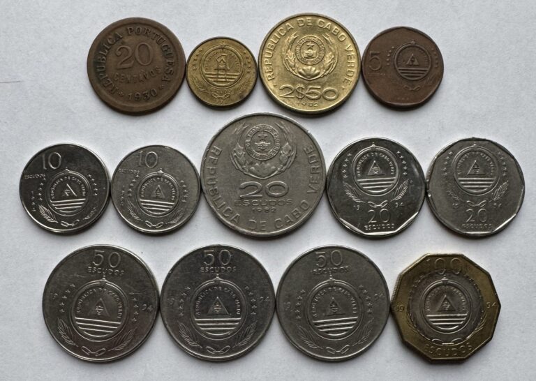 Read more about the article 13 PIECE LOT CAPE VERDE COINS 20 CENTAVOS ESCUDO 2 1/2 5 10 20 50 and 100 ESCUDOS