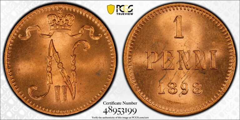 Read more about the article Finland  1898 Nicholas II Penni. PCGS MS 65 Red. 1 430 000 Mintage.