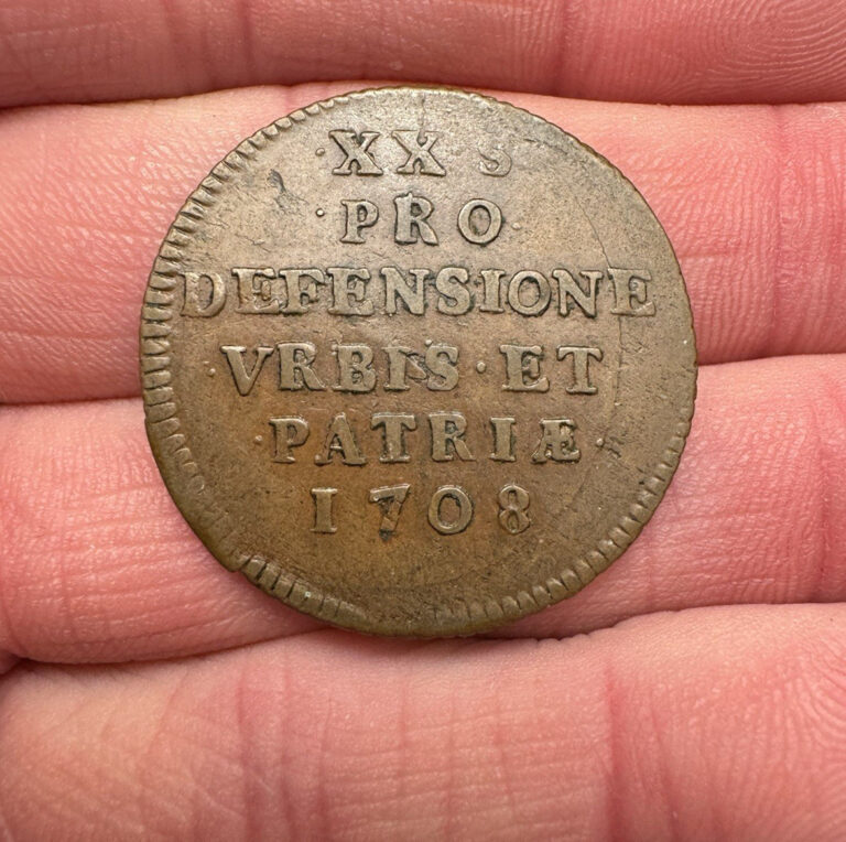 Read more about the article 1708 France 20 Sols Copper Coin – Siege/Emergency Issue  Patriotic Motto