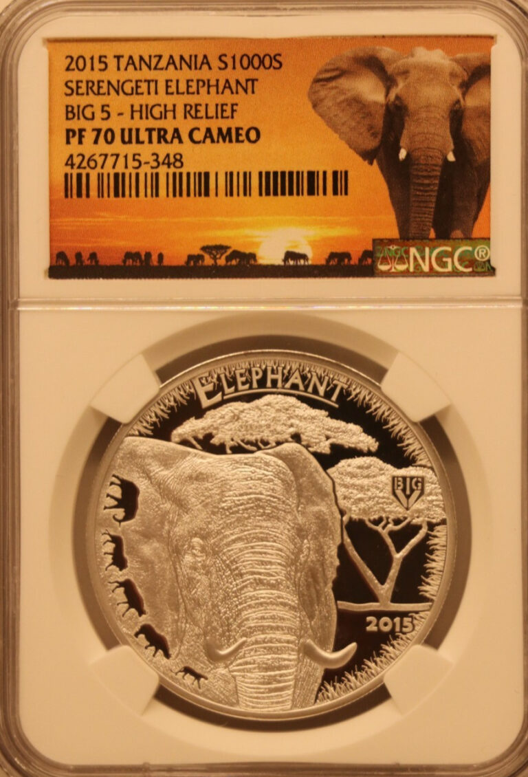 Read more about the article 2015 TANZANIA S1000 SERENGETI ELEPHANT BIG 5 – HIGH RELIEF  PF 70 ULTRA CAMEO