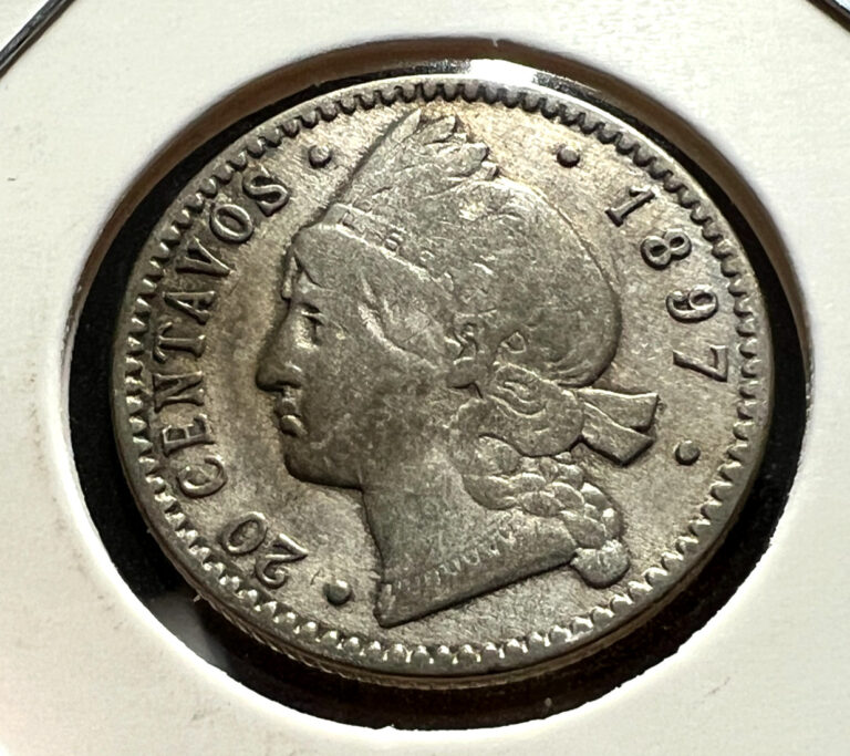 Read more about the article 1897  DOMINICAN REPUBLIC SILVER 20 CENTAVOS COIN