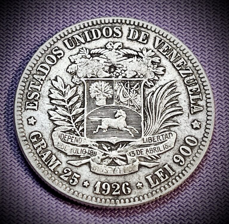 Read more about the article VENEZUELA 5 Bolivares 1926 90% Silver  Philadelphia Mint ✨VF+ Coin ✨LOW MINTAGE