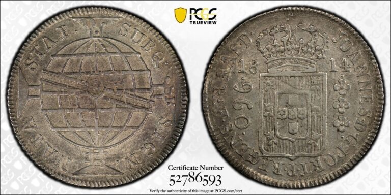 Read more about the article 1814 Brazil Rio de Janeiro 960 Reis Overstruck 8 Reales PCGS AU-53 Luster