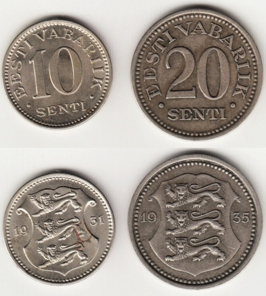 Read more about the article ESTONIA Coins KM12 10 SENTI 1931 XF+ and KM17 20 SENTI 1935 XF