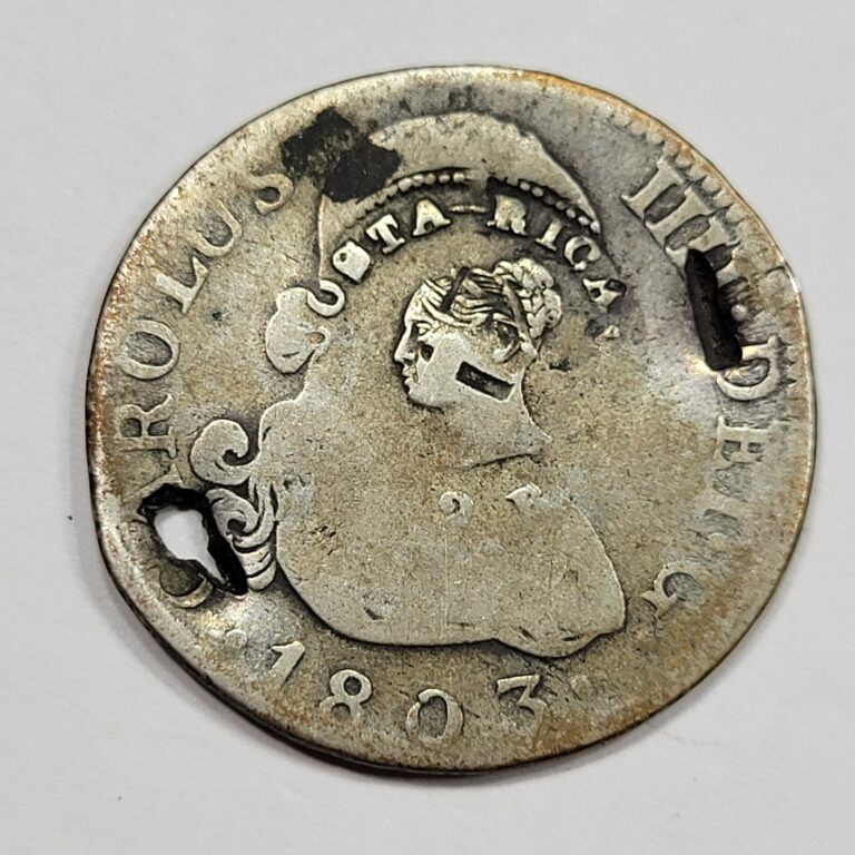 Read more about the article 1845 Costa Rica Counterstamp on 1803 2 Reales Lattice/Trinidad C/S Holed *K780