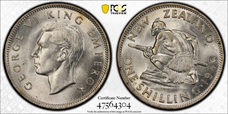 Read more about the article New Zealand  1943 George VI Shilling. PCGS MS 63. 900 000 Mintage.