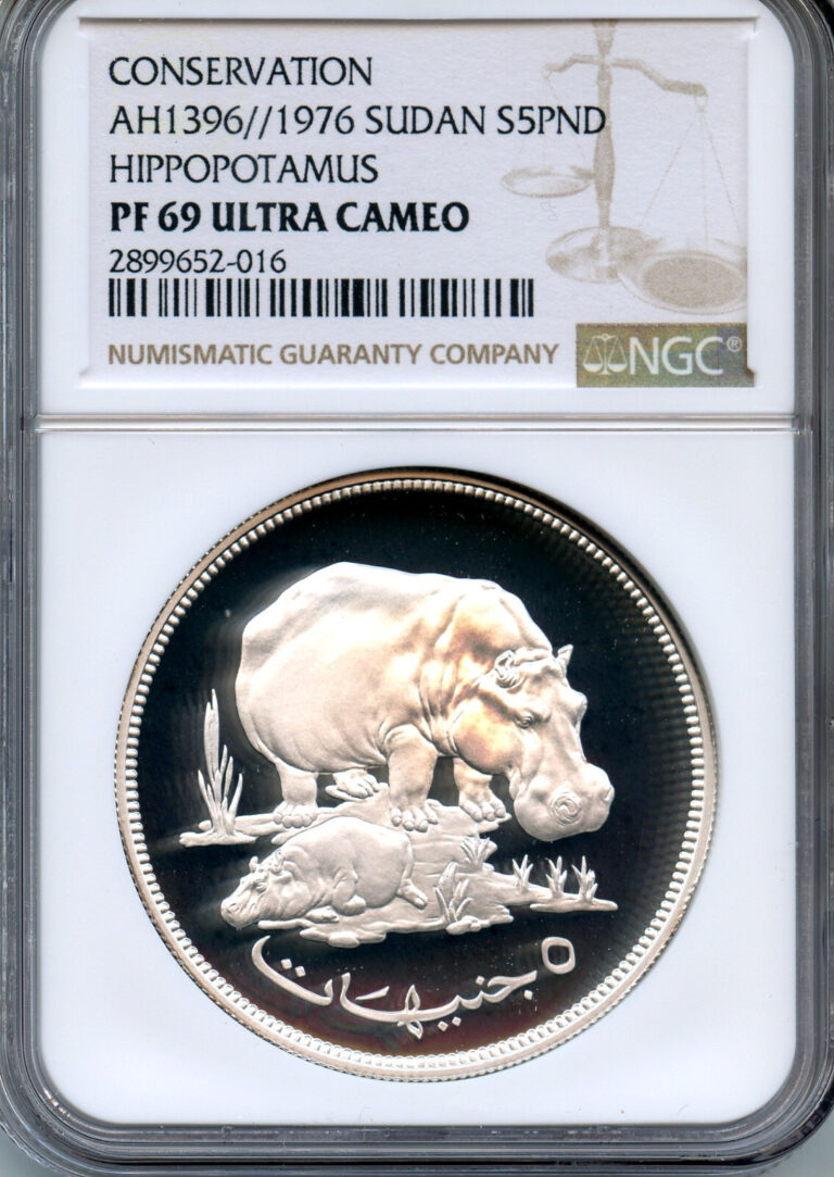 Read more about the article AH1396 1976 SUDAN SILVER PROOF coin  5 POUNDS HIPPOPOTAMUS NGC PF 69 Ultra Cameo