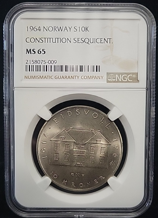 Read more about the article 1964 Norway Silver 10 Kroner Constitution Sesquicentennial 10K NGC MS65 See Pics