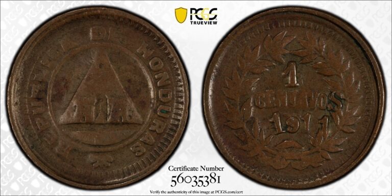 Read more about the article Honduras 1911 Centavo  RARE “centavoS” VARIETY KM-65 PCGS VF30