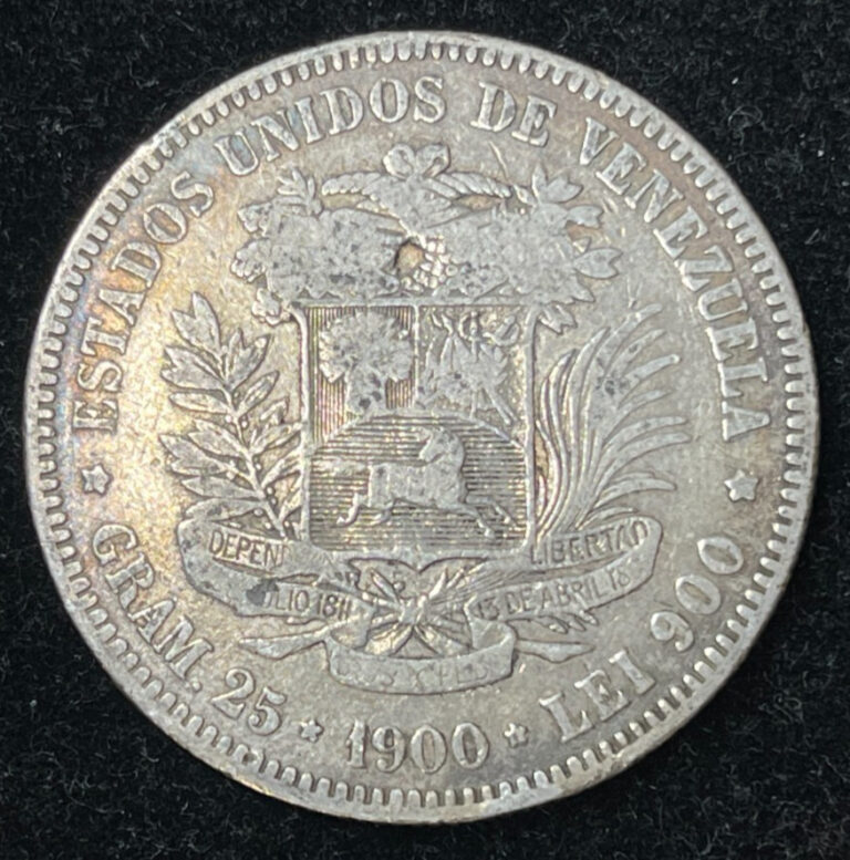 Read more about the article 1900 VENEZUELA – Bolivar – 5 BOLIVARES 90% SIVER COIN