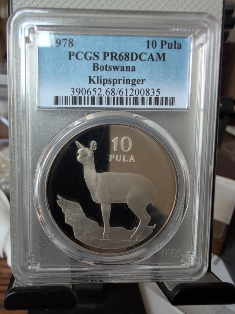 Read more about the article 1978 10 Pula Botswana Silver Conservation Coin Klipspringer. PCGS PR68DCAM
