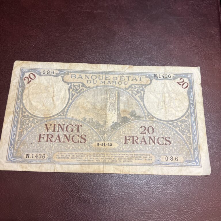 Read more about the article 20  Francs – Morocco – Banque d’État du Maroc – 9-11-42 circulated