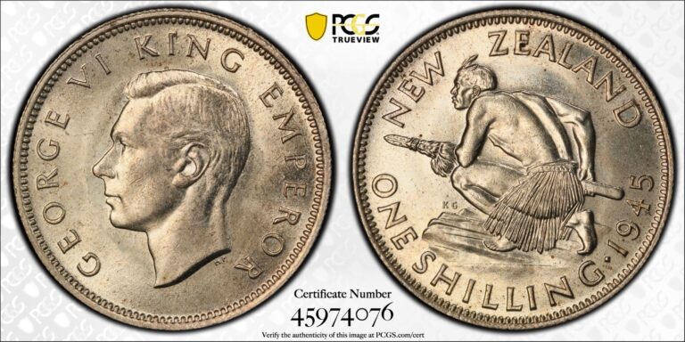 Read more about the article New Zealand  1945 George VI Shilling. PCGS MS 63. 1 030 000 Mintage.