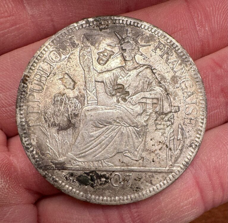 Read more about the article 1907-A French Indochina Silver Piastre de Commerce AU  Chopmarked 27g .900