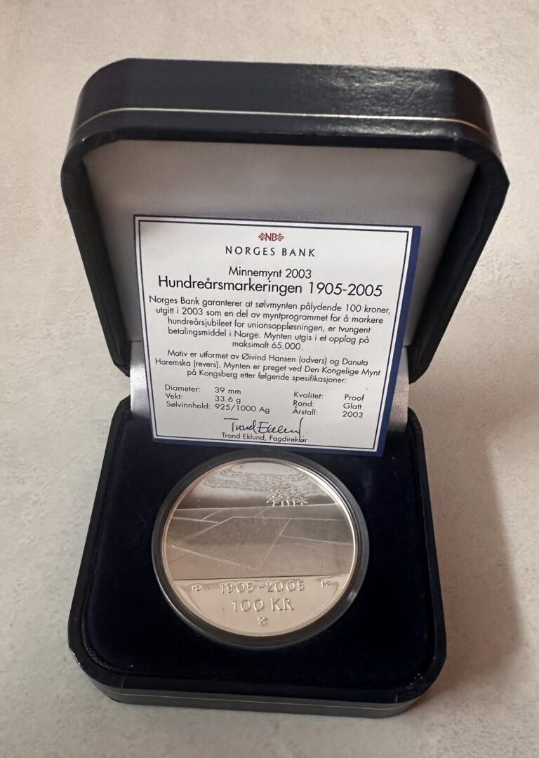 Read more about the article Norway 100 Kroner 2003 100 Year Anniversary – 1 Oz Silver – With Box and COA