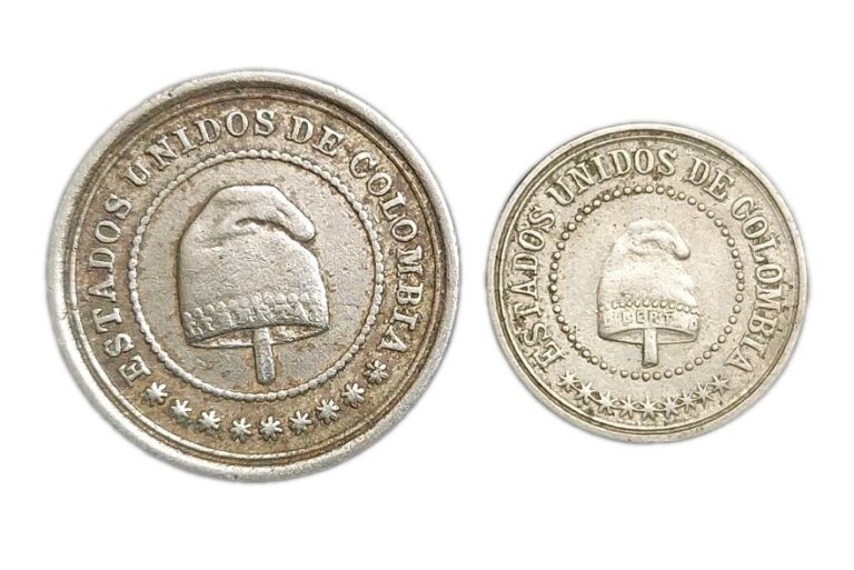 Read more about the article 1881 Colombia 2 1/2 Centavos Lot Of 2 Coins KM 179 180 Small and Large Liberty Cap