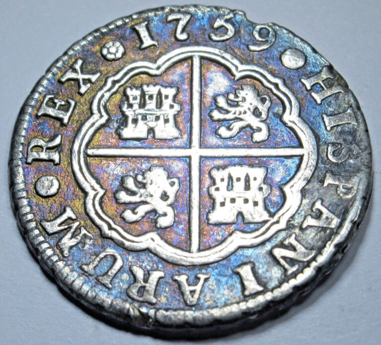 Read more about the article 1759 Spanish Silver 2 Reales Genuine 1700’s Colonial Cross Pirate Treasure Coin