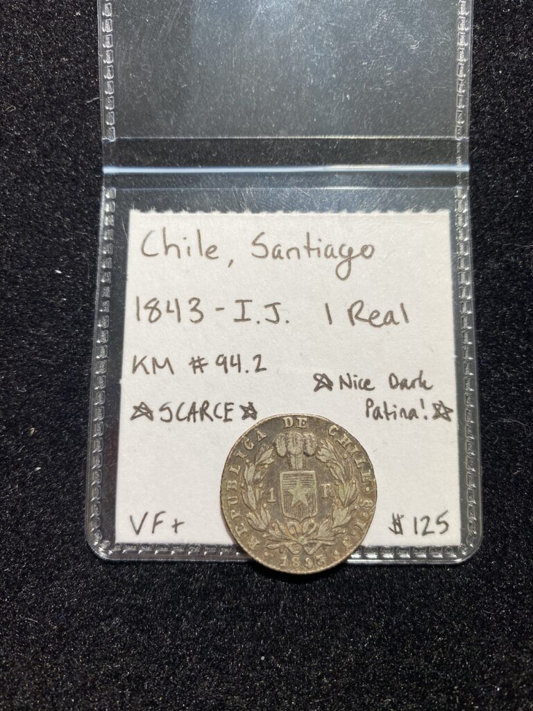 Read more about the article Scarce Date and Type Santiago Chile 1843 IJ SILVER Condor 1 Real *Gorgeous Patina*