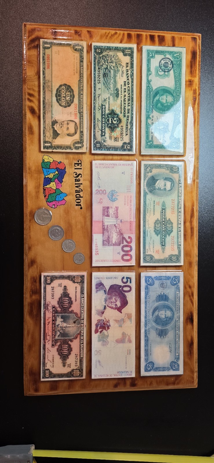 Read more about the article El Salvador Banknotes and Coins Set Colón Currency Wooden Display Board Vintage