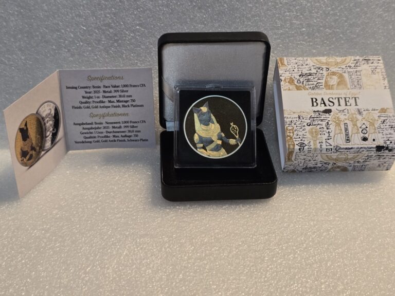 Read more about the article Benin made 2025 .999 Silver 1oz  Prooflike  coin Bastet Low Mintage