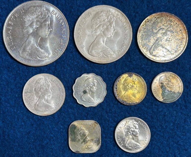 Read more about the article 1966 Bahamas 9 Coin Set (4 Silver) Some Damaged 2.87 OZ ASW