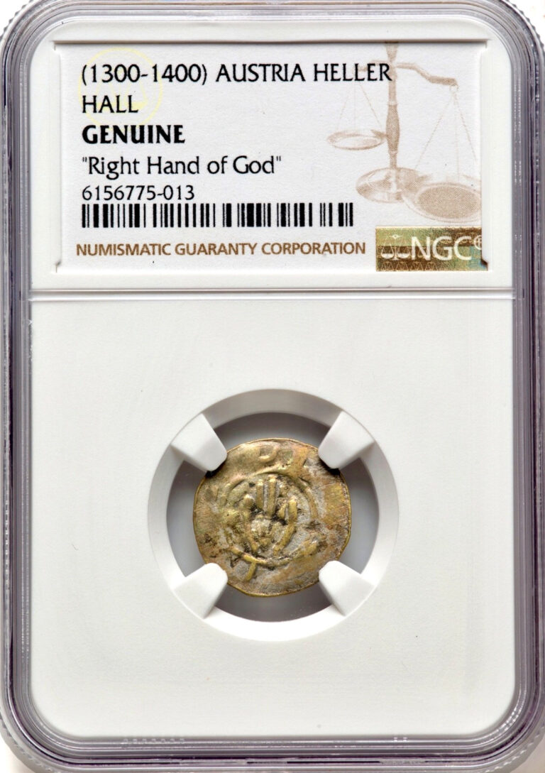 Read more about the article 1300-1400 Austria Hall Hand Of God Ancient Medieval Silver Heller Coin NGC Gen.