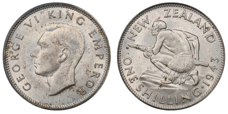 Read more about the article New Zealand  1943 George VI Shilling. PCGS MS 64. 900 000 Mintage.