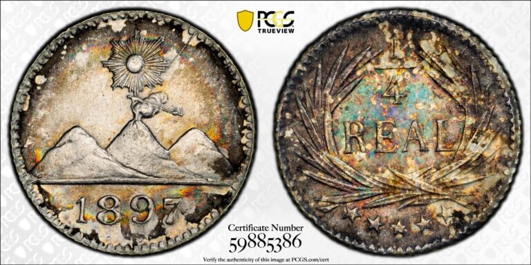 Read more about the article MS64 1897 1/4R Guatemala Silver 1/4 Real  PCGS Trueview- Pretty Rainbow Toned