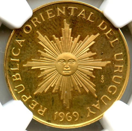 Read more about the article RARE Sunface Gold Pattern  Latin America  Uruguay 10 Pesos  NGC graded PROOF-65