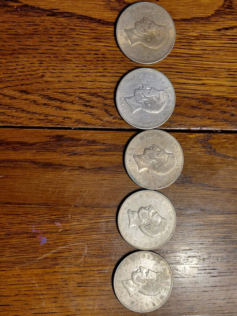 Read more about the article Lot 1 – 5 Ecuador Silver 5 Sucre Coins 1943 and 1944 — over 2.8 oz silver
