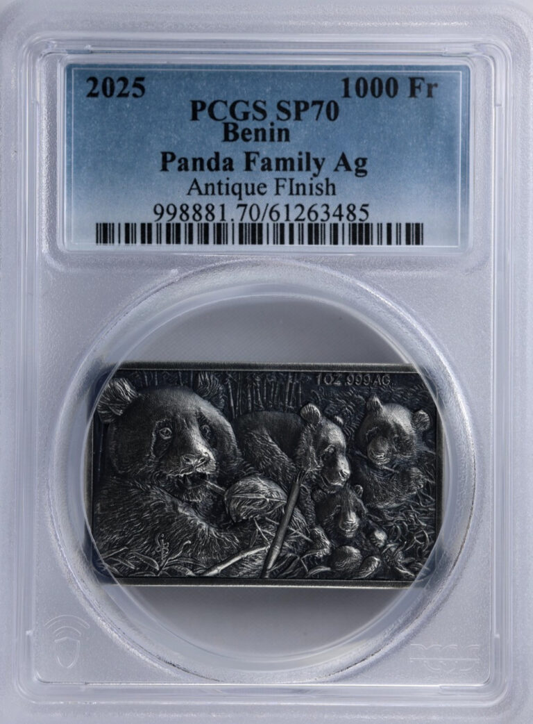 Read more about the article 2025 Benin 1000 Francs CFA Panda Family Ag Silver Antique Finish PCGS SP70
