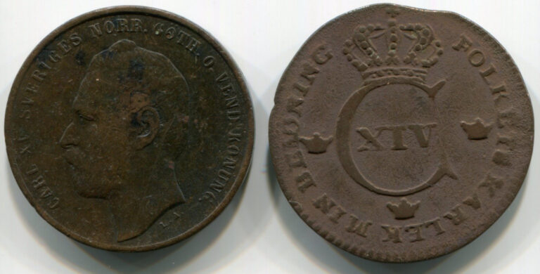 Read more about the article Sweden 2 Coins Lot  1866 2 Ore 24mm KMK#706 and 1825 1/4 Skilling 26mm KM#595