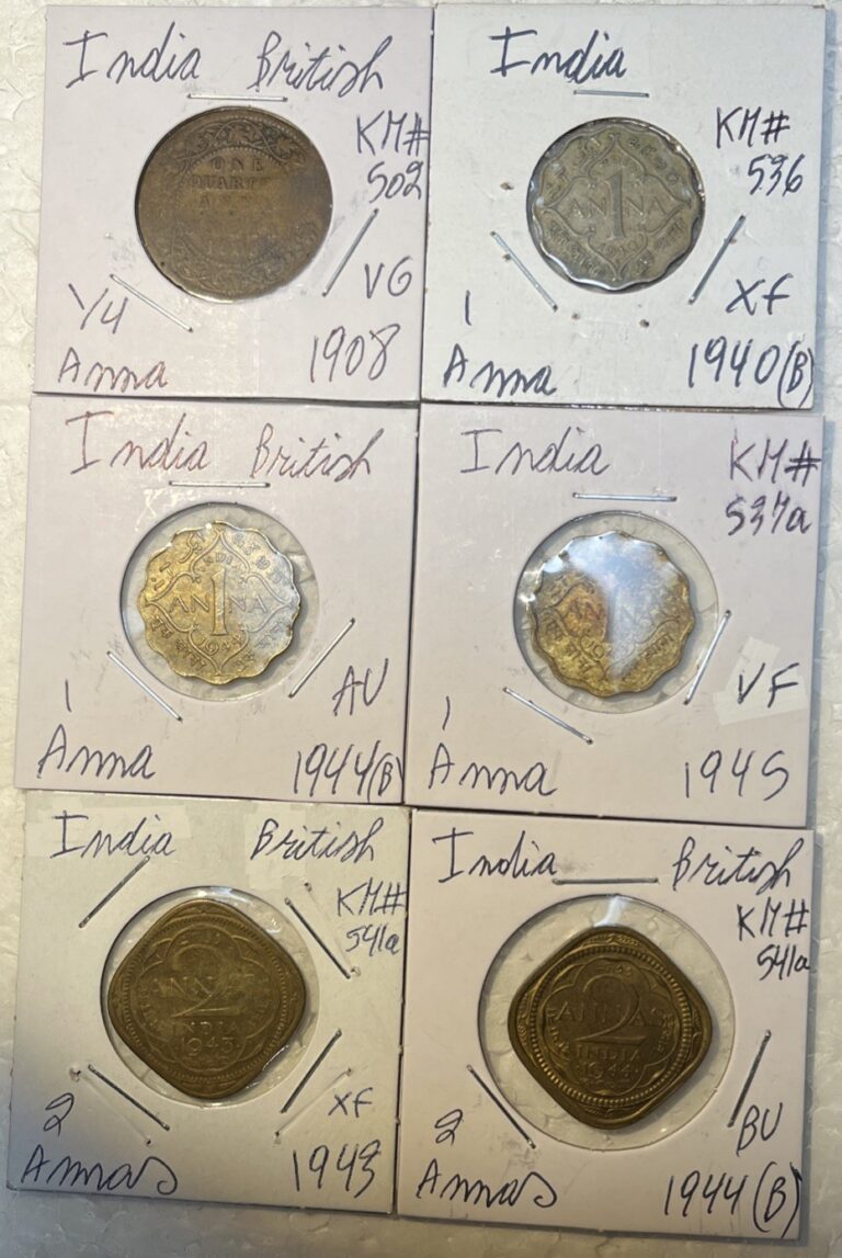 Read more about the article 1908 – 1945 India British 1/4  1 and 2 Annas 6 coin lot VG – BU Condition Coins