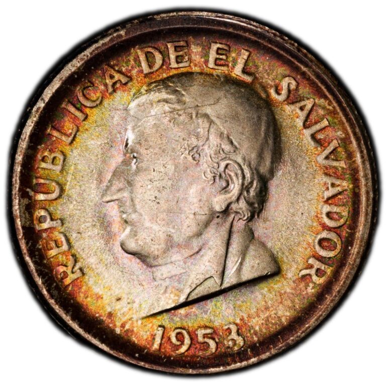 Read more about the article MS64 1953 El Salvador Silver 25 Centavos  PCGS Trueview- Nicely Rainbow Toned