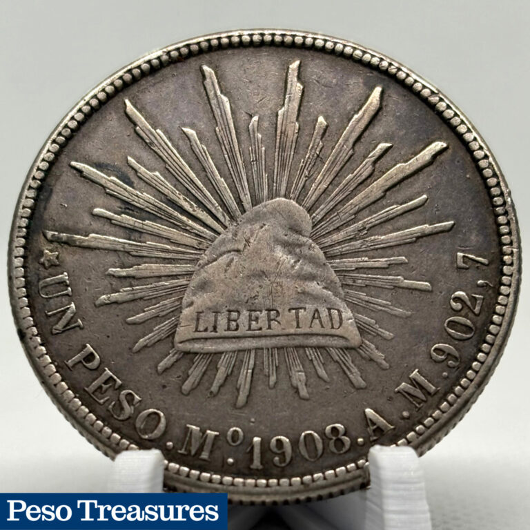 Read more about the article 1908 Mexico 1 Peso Silver Coin Mo AM – KM#409.2 Large Cap Rays  AU Condition