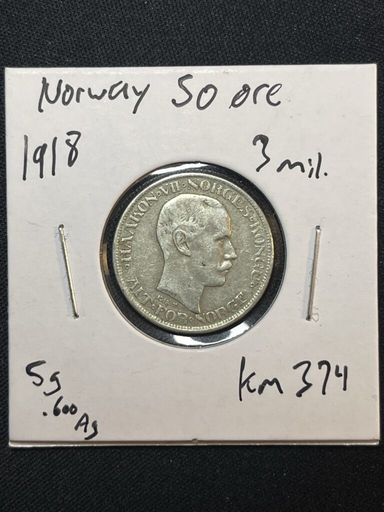 Read more about the article Norway 50 Ore 1918 KM#374 Nice Detail Silver Coin – Low Mintage