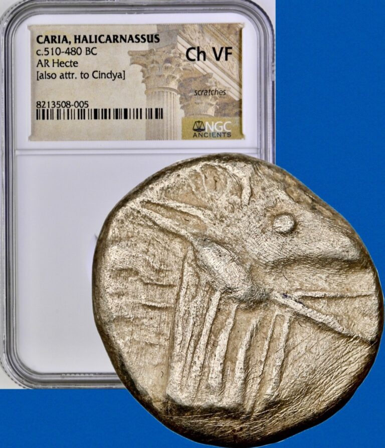 Read more about the article 510-480 BC CARIA Halicarnassus Ancient Greek Silver Ketos Hecte Coin NGC Ch VF