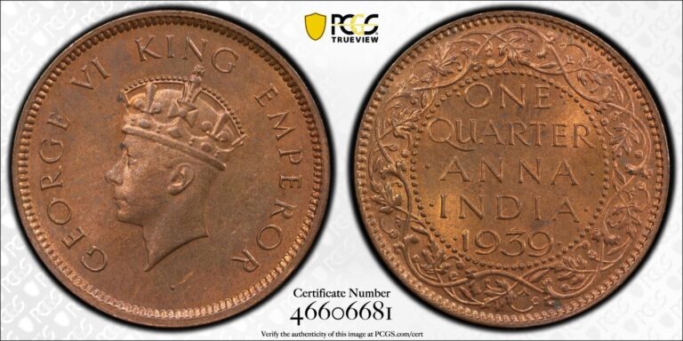 Read more about the article 1939 C India British 1/4 Anna Coin PCGS MS64 RB