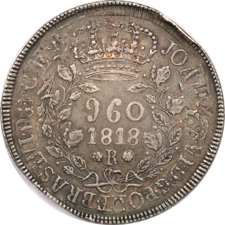 Read more about the article 1818 R Brazil 960 Reis Silver Overstruck  Extremely Fine XF Rim Damage KM# 307.3