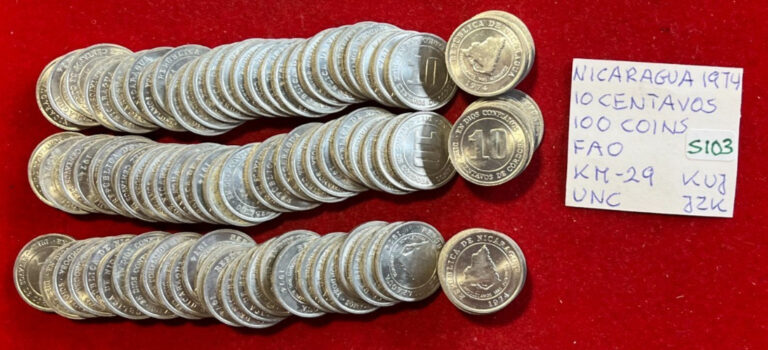 Read more about the article #S103 Nicaragua – 100 Coins from Mint Bag – 10 Centavos 1974  FAO  KM#29  UNC