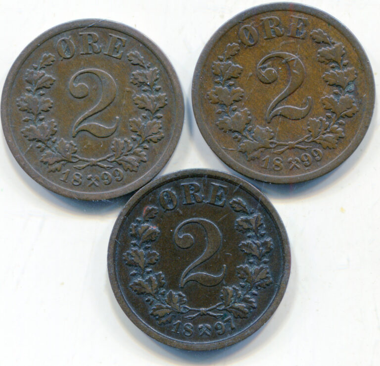 Read more about the article Norway 2 Ore 1897 + 1899 X (2) coins nice lot KM  lotoct3387