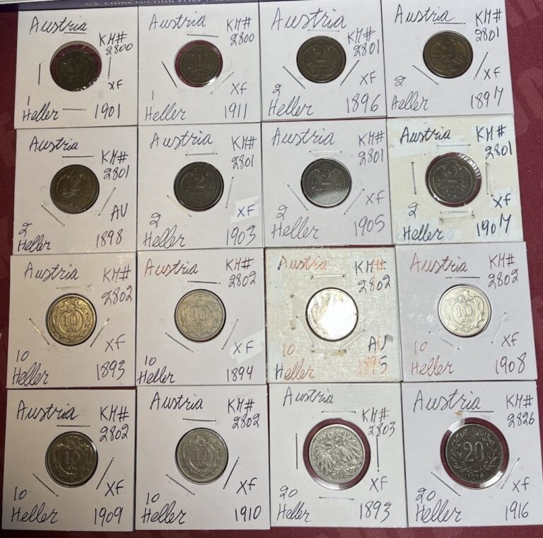 Read more about the article 1893 – 1916 Austria 1  2  10 and 20 Heller XF – AU Condition 16 Coin Lot