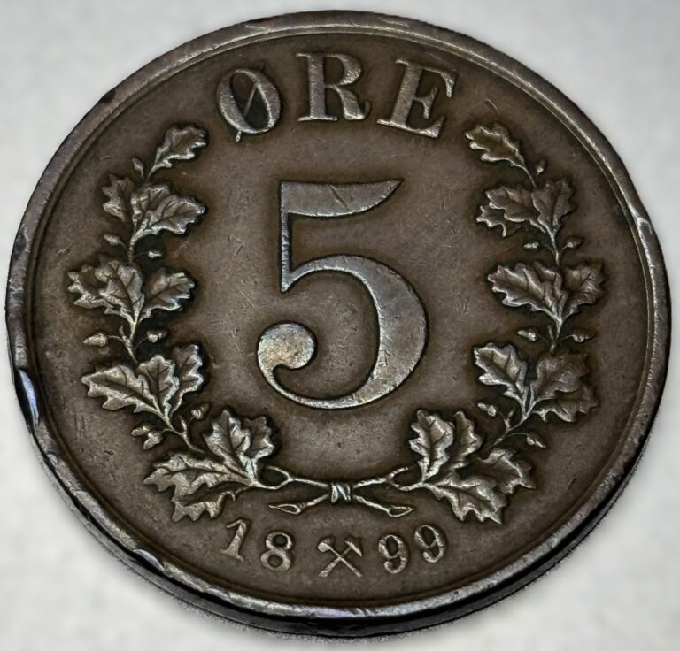 Read more about the article 1899 5 Øre Coin Norway Five Ore Norge Norwegian 1800s Bronze 27mm Coin – 0237