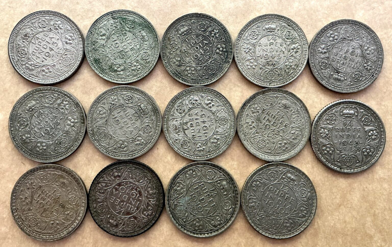 Read more about the article 1940 to 1945 Silver India 1/4 Rupees. All 14 Coins Pictured. Junk Silver Priced
